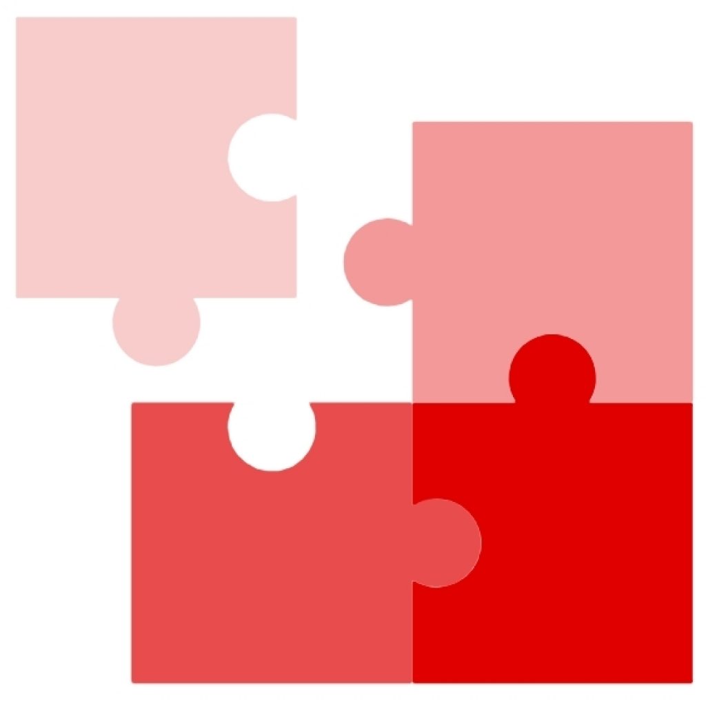 4 Puzzleteile in verschiedenen rot Tönen.